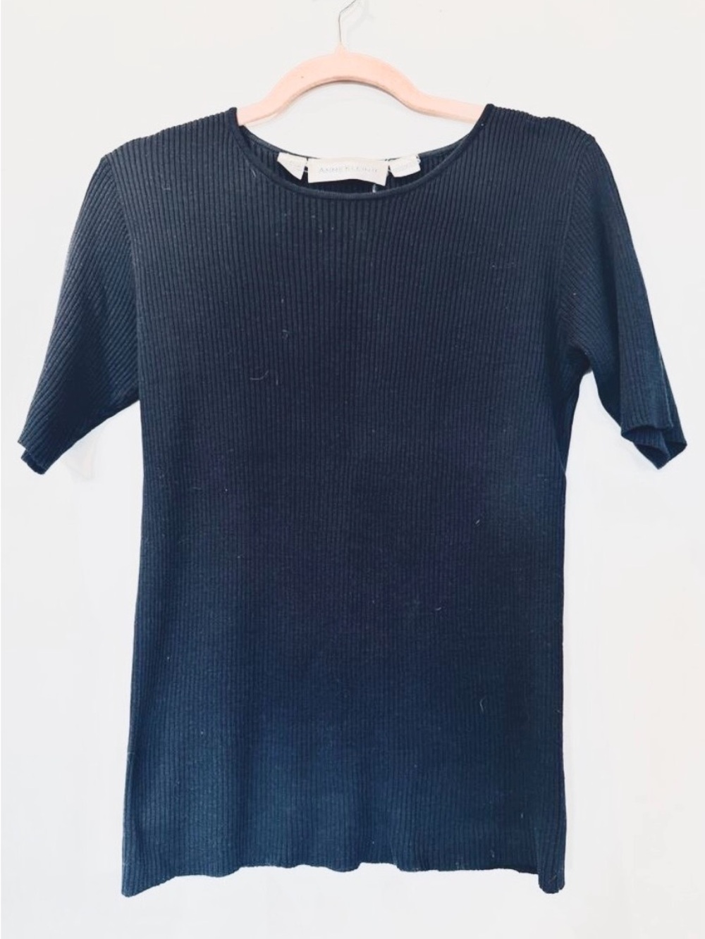 Vtg 90s Anne Klein 100% silk ribbed short sleeve tee navy M old money capsule